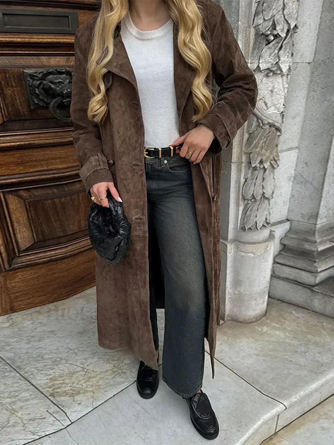Fashion With Belt Faux Leather Long Overcoat - Image 10