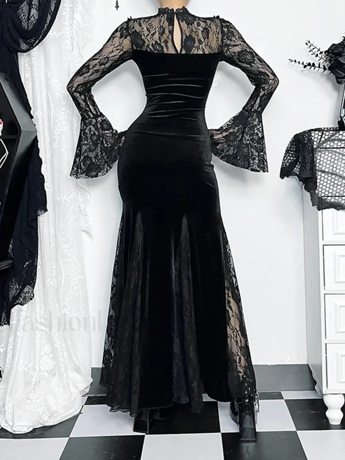Gothic Mermaid Bodycon Long Maxi Fishtail Sleeve Lace Cocktail Ruched Dress - Image 10