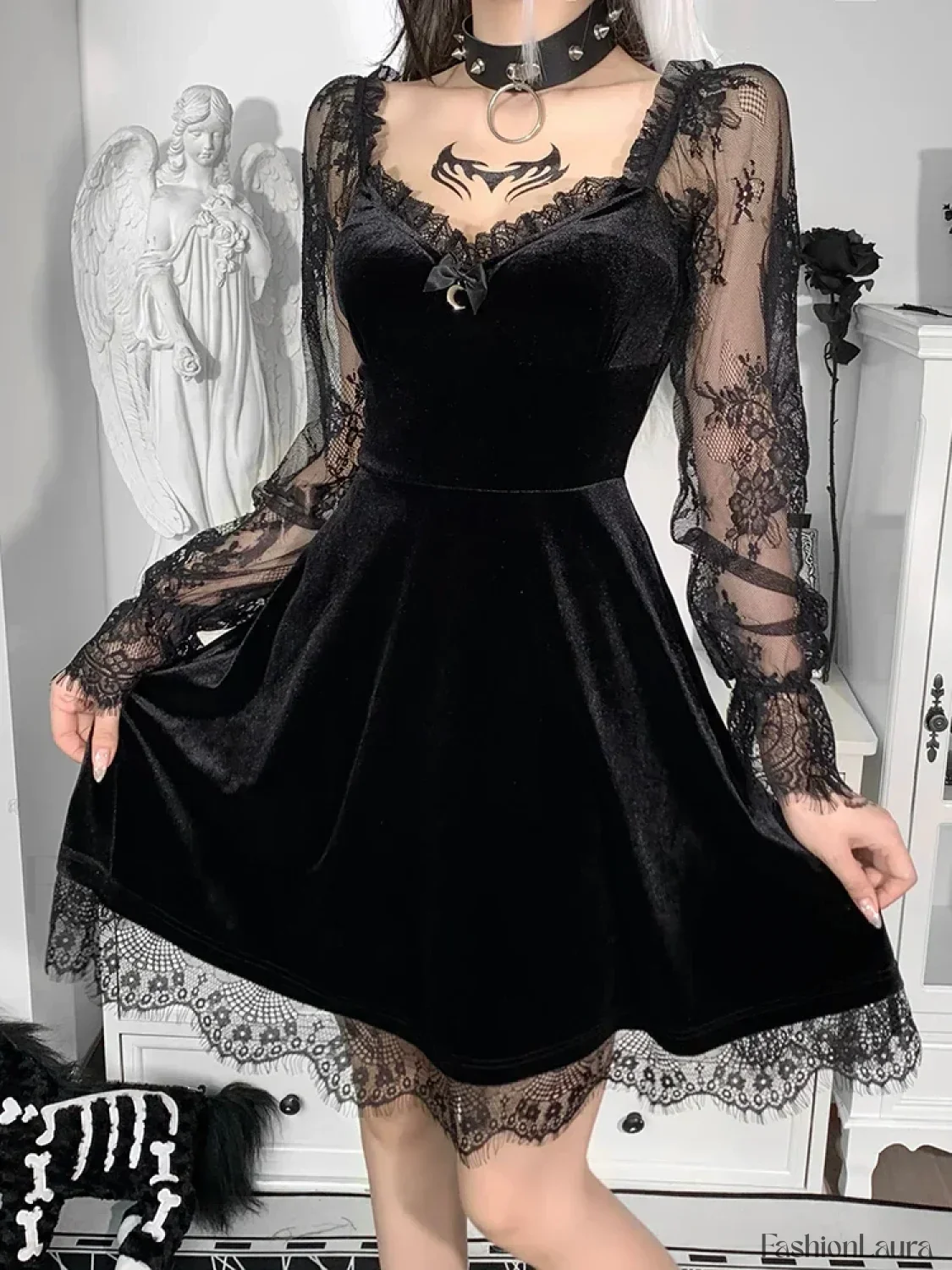 Moon Sexy Black Grunge Dark Neck Aesthetic Vintage Mini Long Sleeve Autumn Dress - Image 15