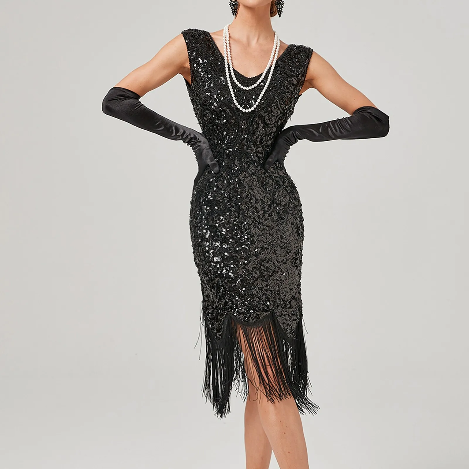 1920s Vintage Flapper Great Gatsby Party V-Neck Sleeveless Sequin Beaded Tassel Sun Vestidos Prom Dress - Image 6