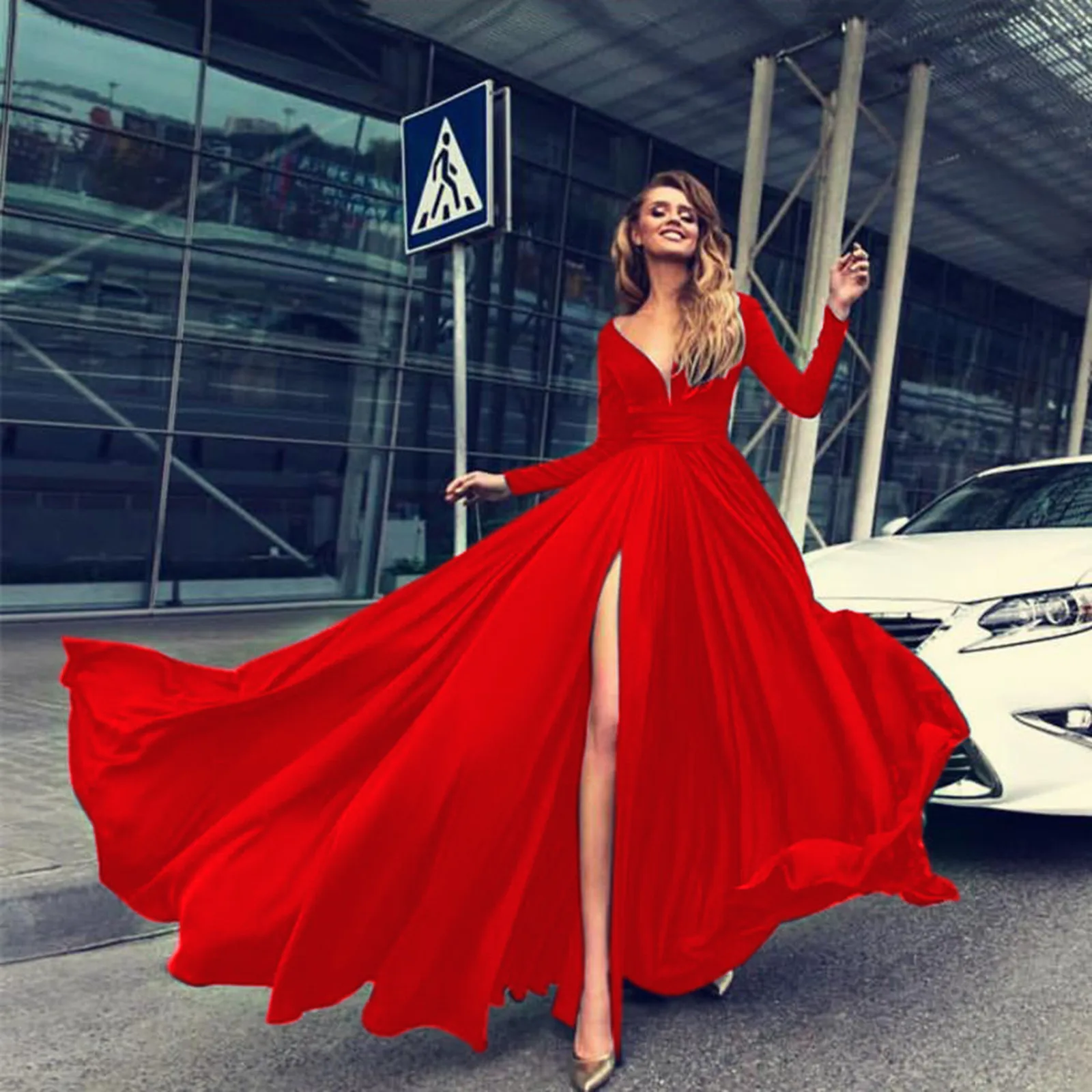 Cocktail For Women 2024 Classy Solid Color Long Sleeve V Neck Maxi Red Vintage Formal A-Line Prom Dress - Image 10