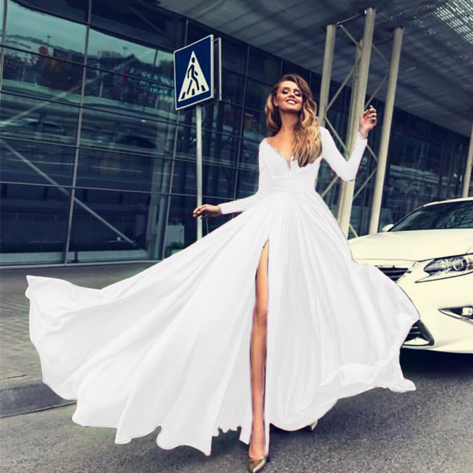 Cocktail For Women 2024 Classy Solid Color Long Sleeve V Neck Maxi Red Vintage Formal A-Line Prom Dress - Image 5