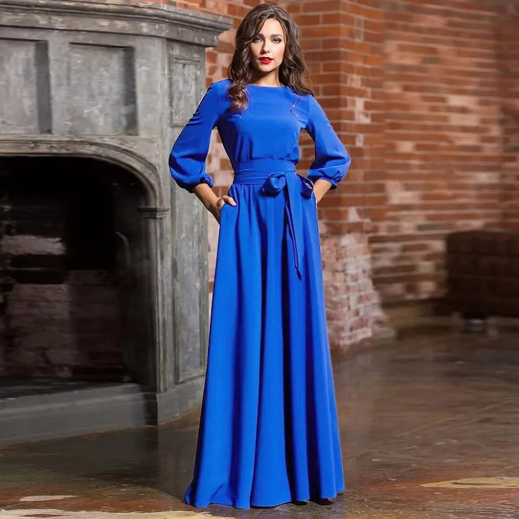 For Women 2024 Long Sleeve Crew Neck Solid Color Lantern Sleeve With Belt Formal Elegant Prom Dress - Image 7