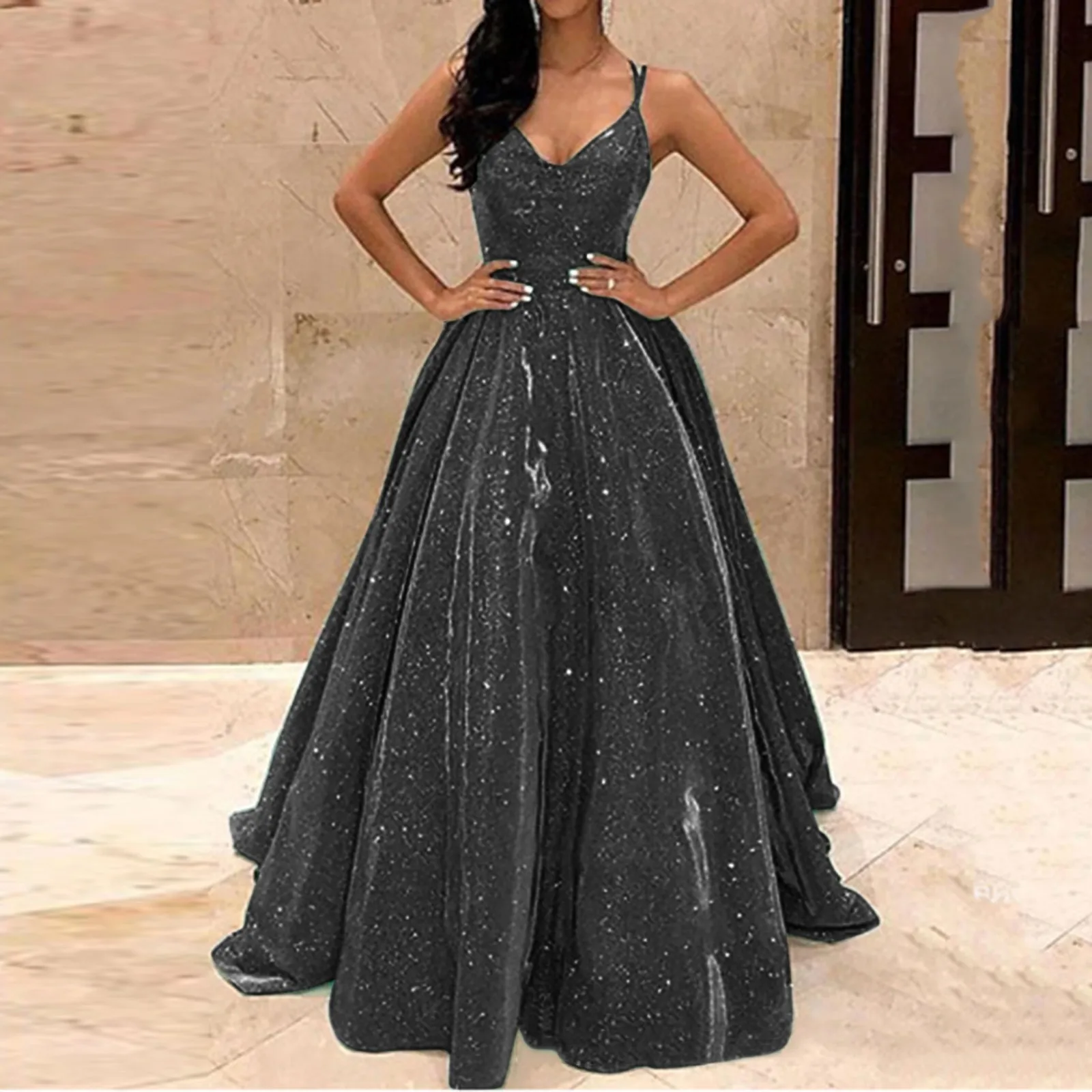 Fall For Women 2024 Spaghetti Strap Sleeveless Glitter Sequin Big Swing Formal Elegant Evening Prom Dress - Image 10