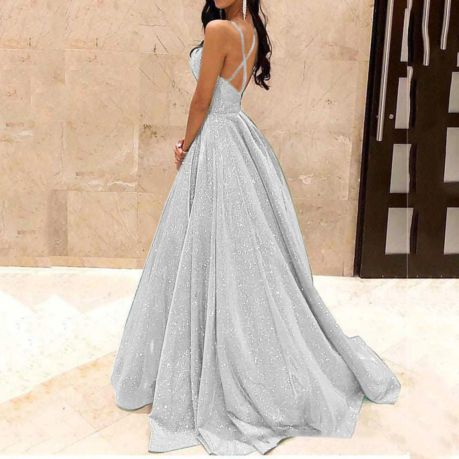 Fall For Women 2024 Spaghetti Strap Sleeveless Glitter Sequin Big Swing Formal Elegant Evening Prom Dress - Image 8