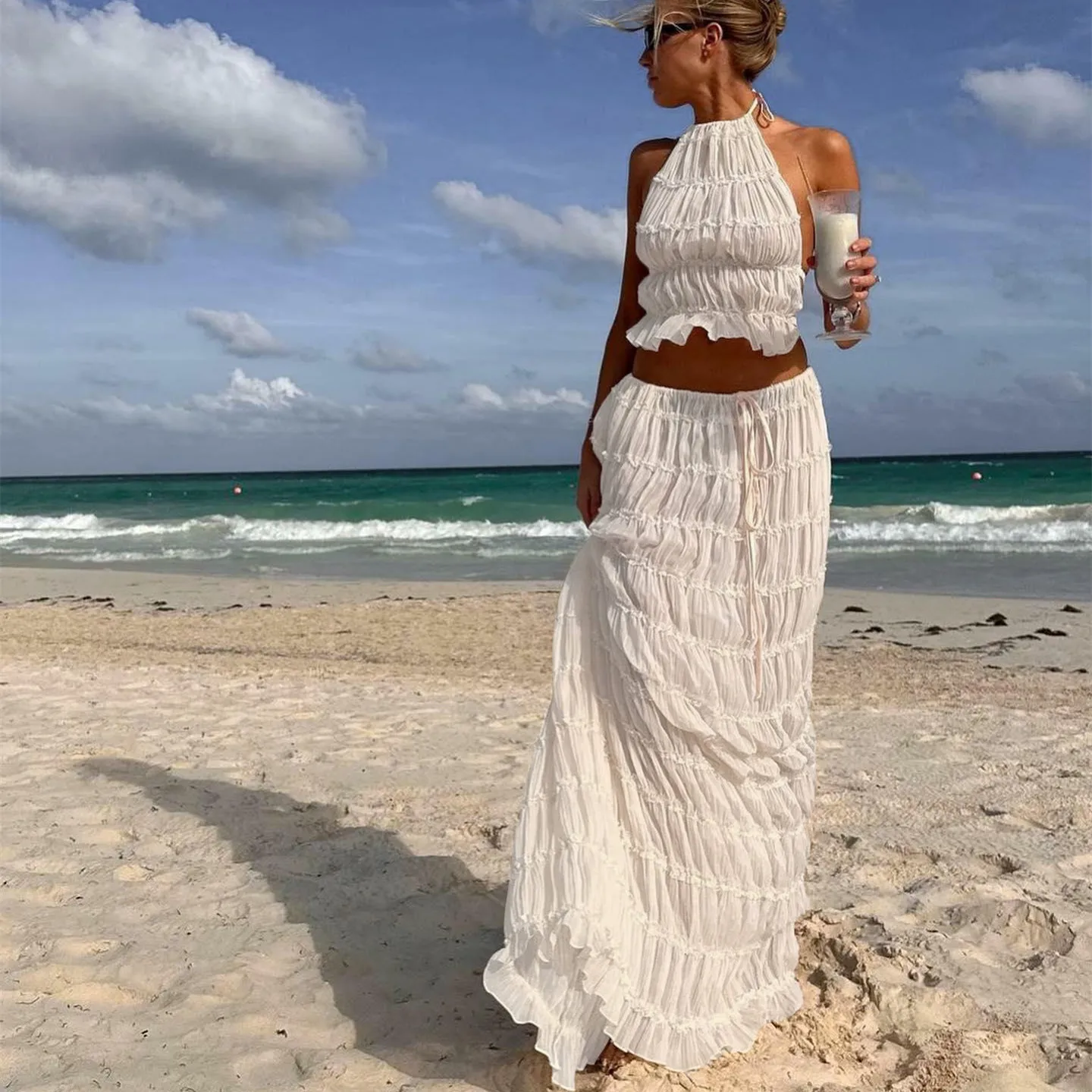 2Piece Skirt Set for Women Lace Up Back Tank Tops Tie Up High Waist Long Skirts Outfits Fairy Vacation Cottagecore Lace Dress - Image 12