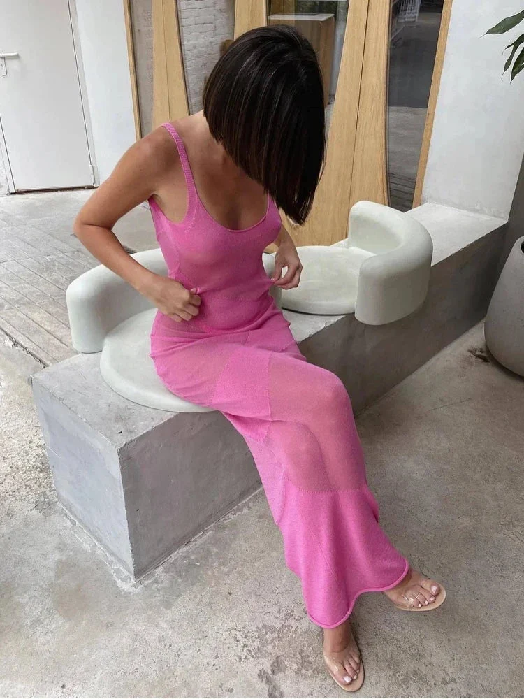 Summer Knit Backless See Through Sexy Sleeveless Bodycon Beach Party Cover Up Maxi Dress - Image 20