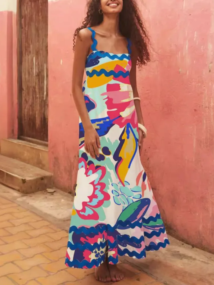 Holiday Digital Printed Long Women Fashion Summer Elegant A- Line Vintage Sling Maxi Dress - Image 3