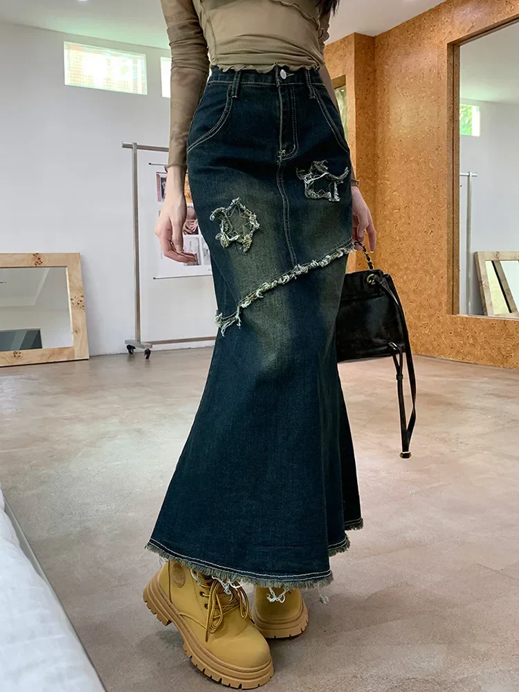 Raw Trim Mermaid Hem Washed Jean Long Skirt - Image 13