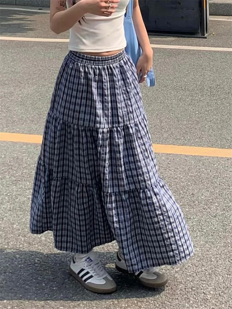 Vintage Ruffled Plaid Elastic Waist A-Line Skirt - Image 3