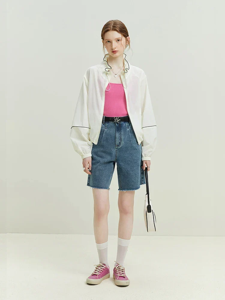 Retro Frayed-trimmed Denim Blue Cotton Shorts - Image 5