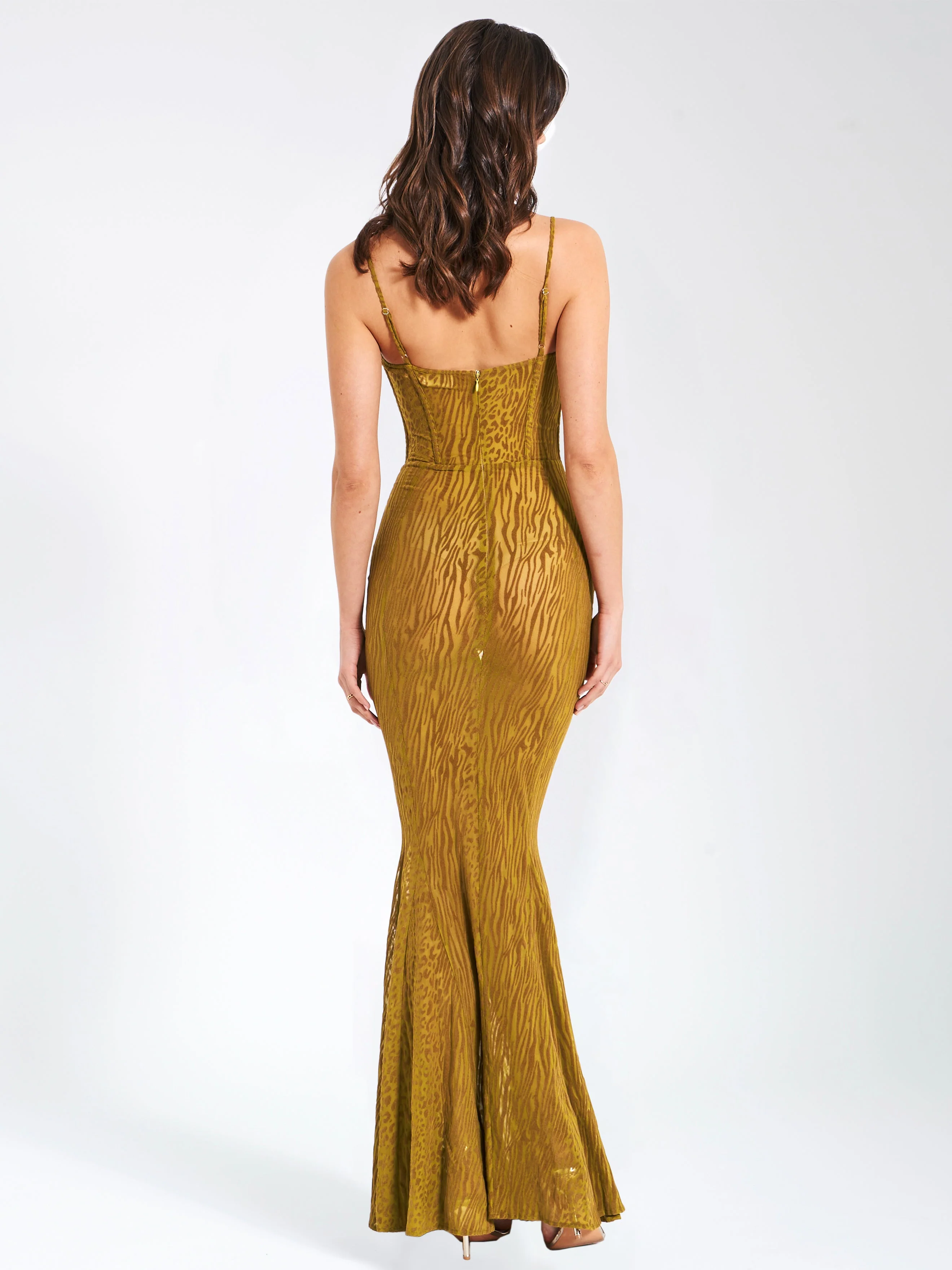 Ulani Gold Burnout Velvet Graceful Detail Mesh Maxi Dress - Image 43