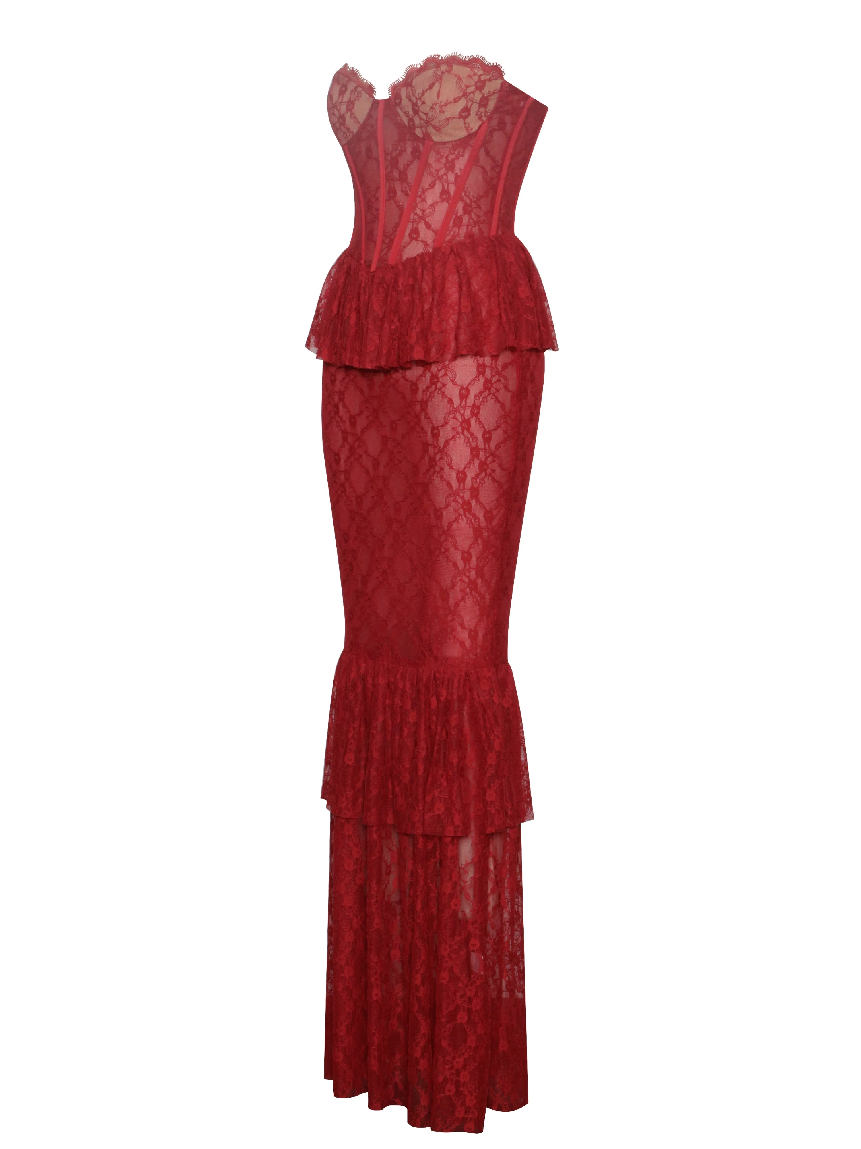 Quennell Burgundy Lace Charming Corset Maxi Dress - Image 18