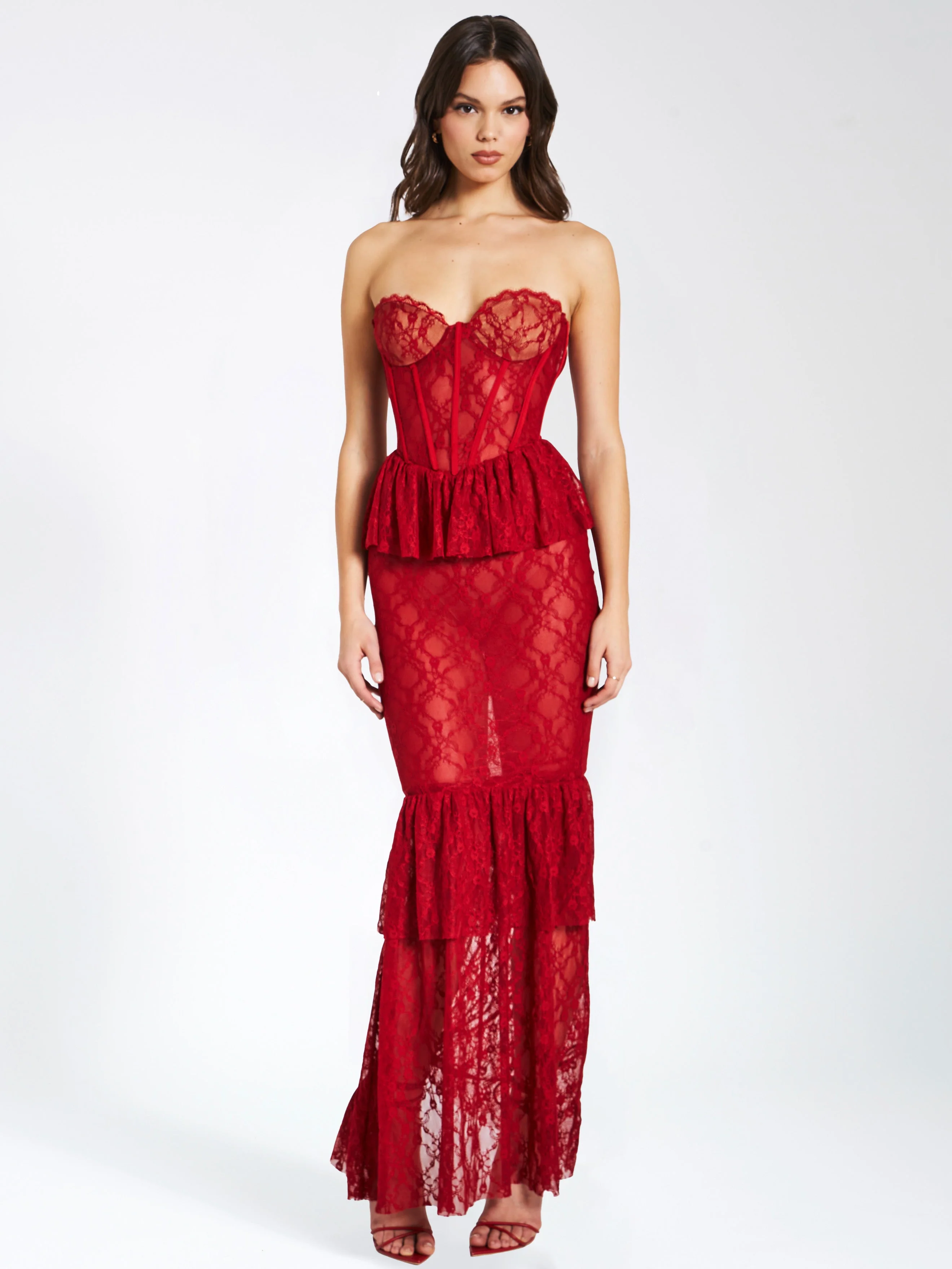 Quennell Burgundy Lace Charming Corset Maxi Dress - Image 37