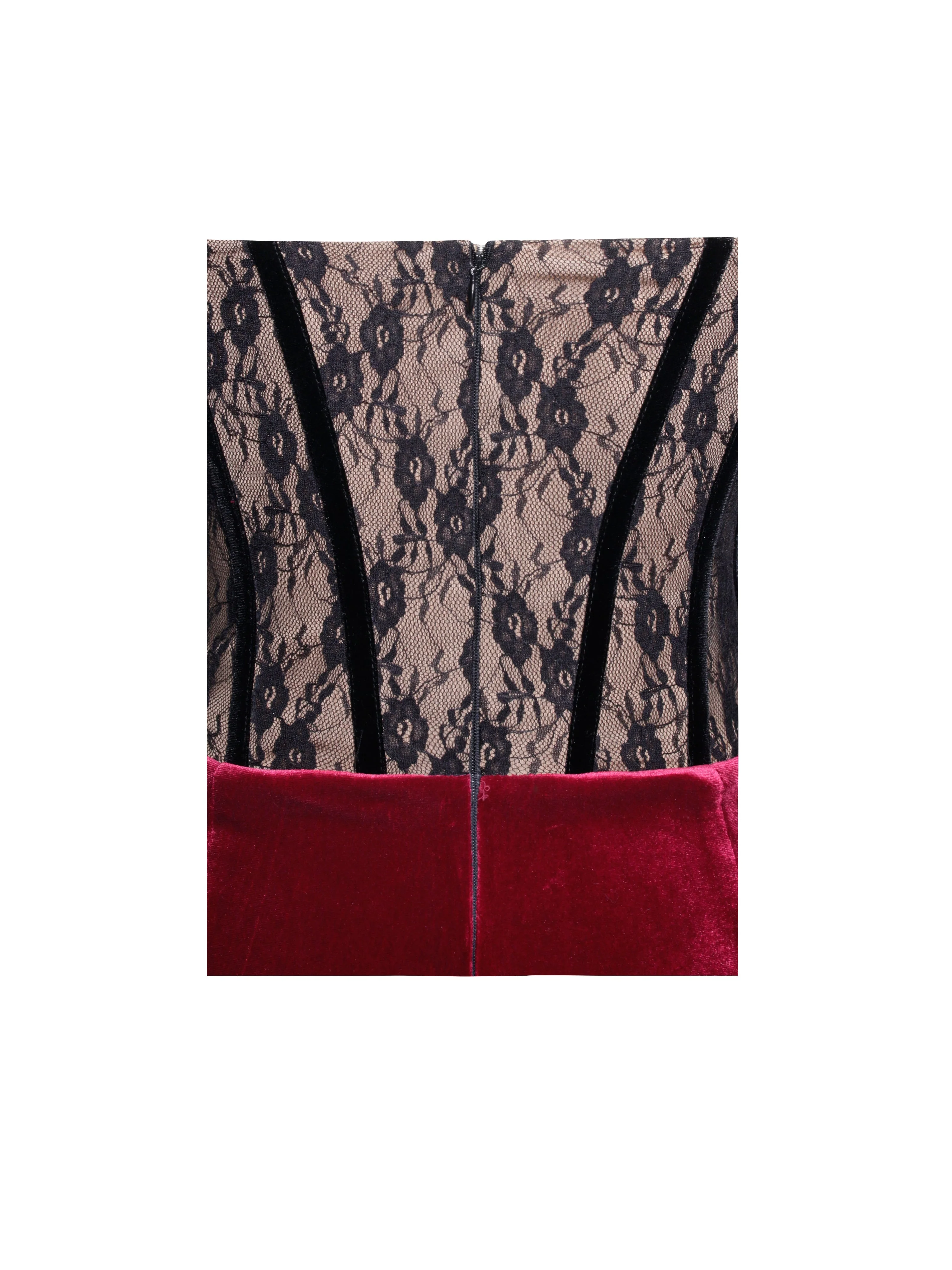 Gaia Burgundy Lace Velvet Graceful Corset Side Slit Dress - Image 14