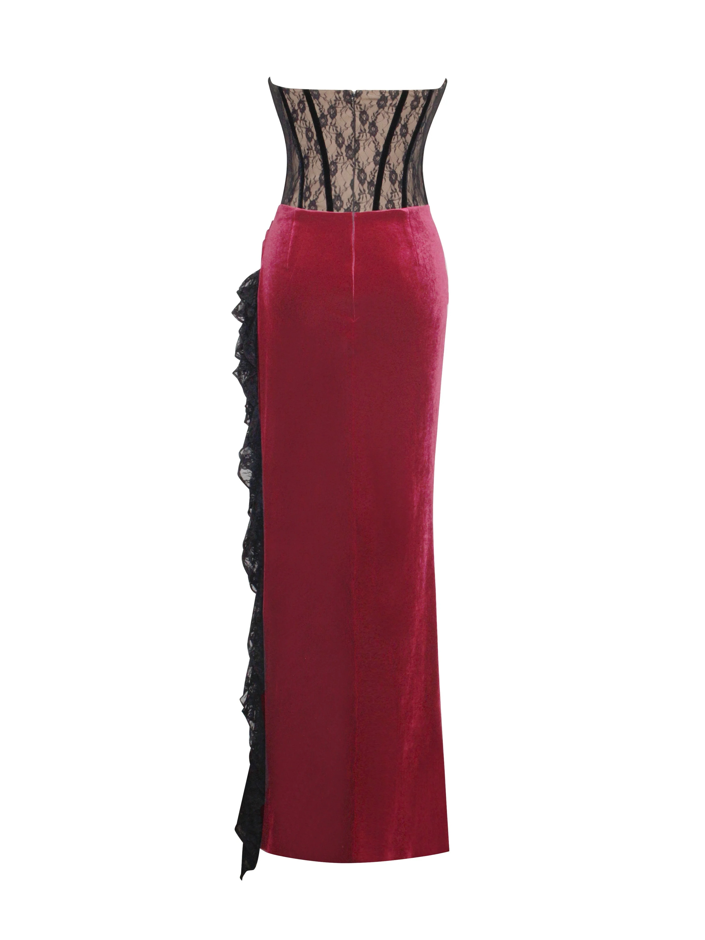 Gaia Burgundy Lace Velvet Graceful Corset Side Slit Dress - Image 19