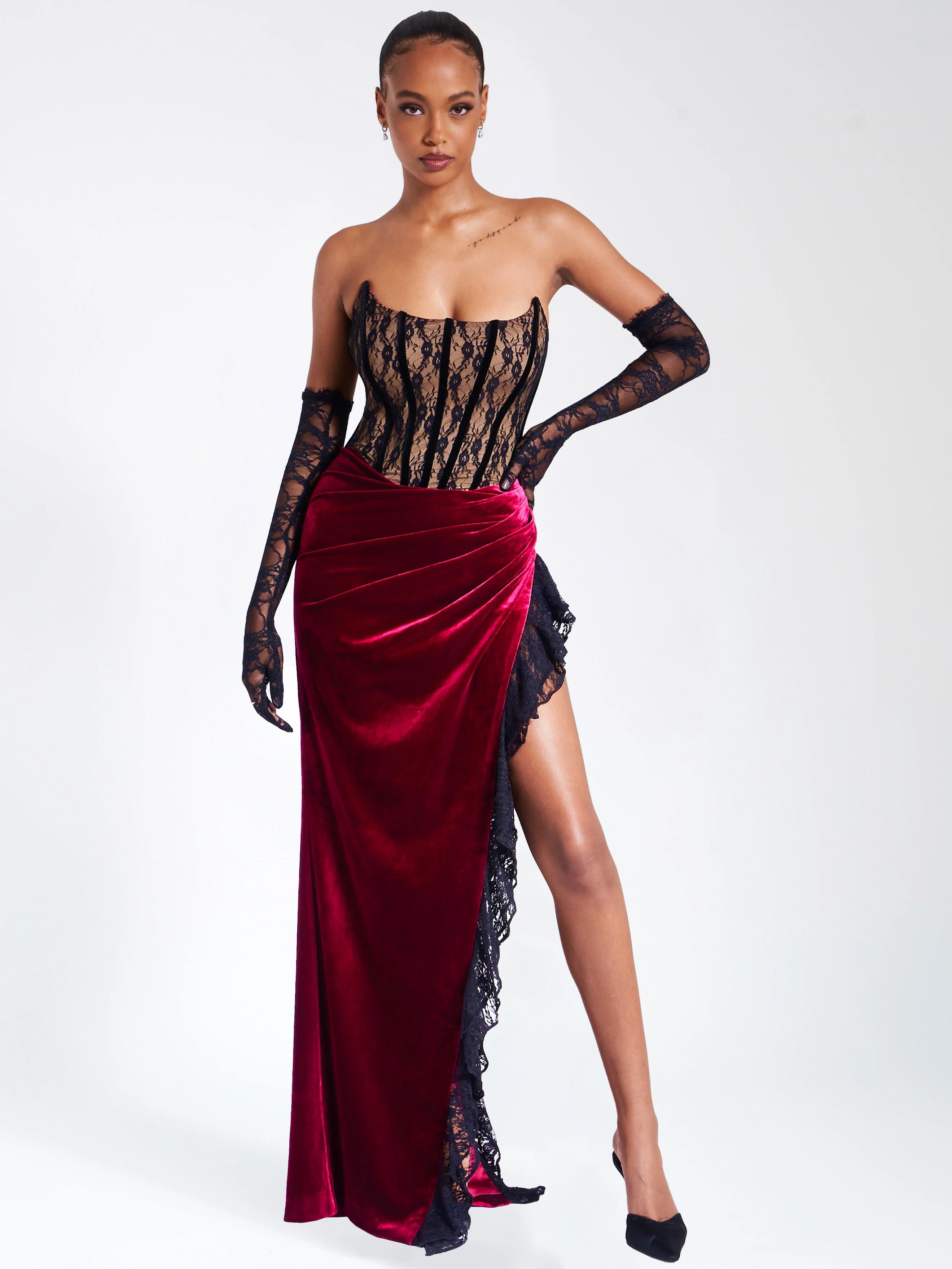 Gaia Burgundy Lace Velvet Graceful Corset Side Slit Dress - Image 28