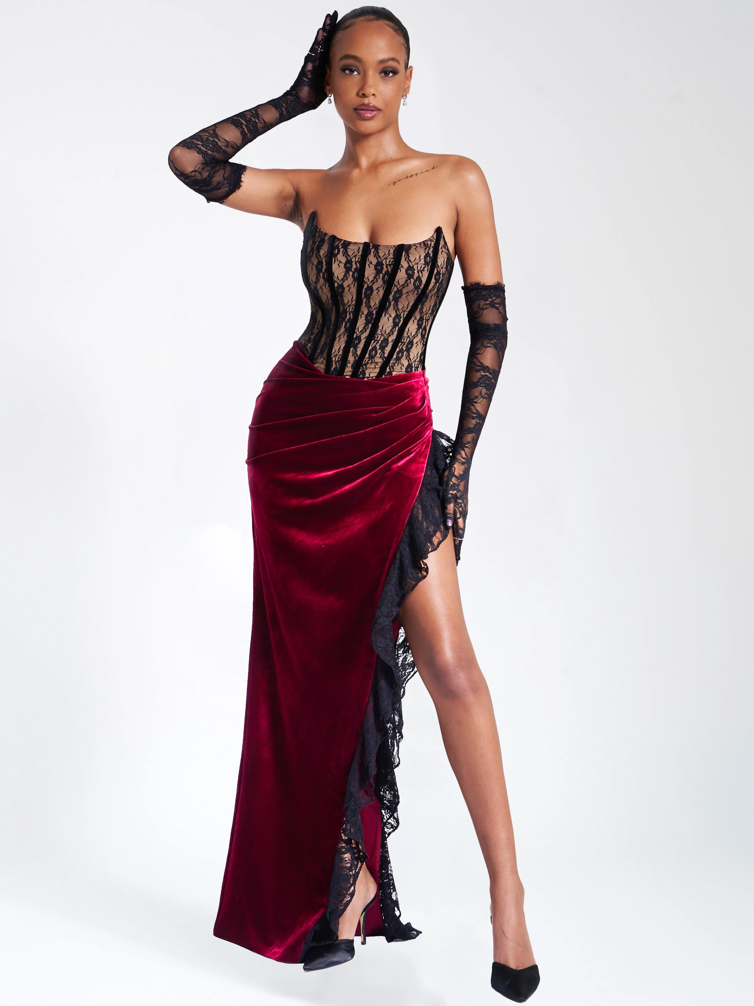 Gaia Burgundy Lace Velvet Graceful Corset Side Slit Dress - Image 39