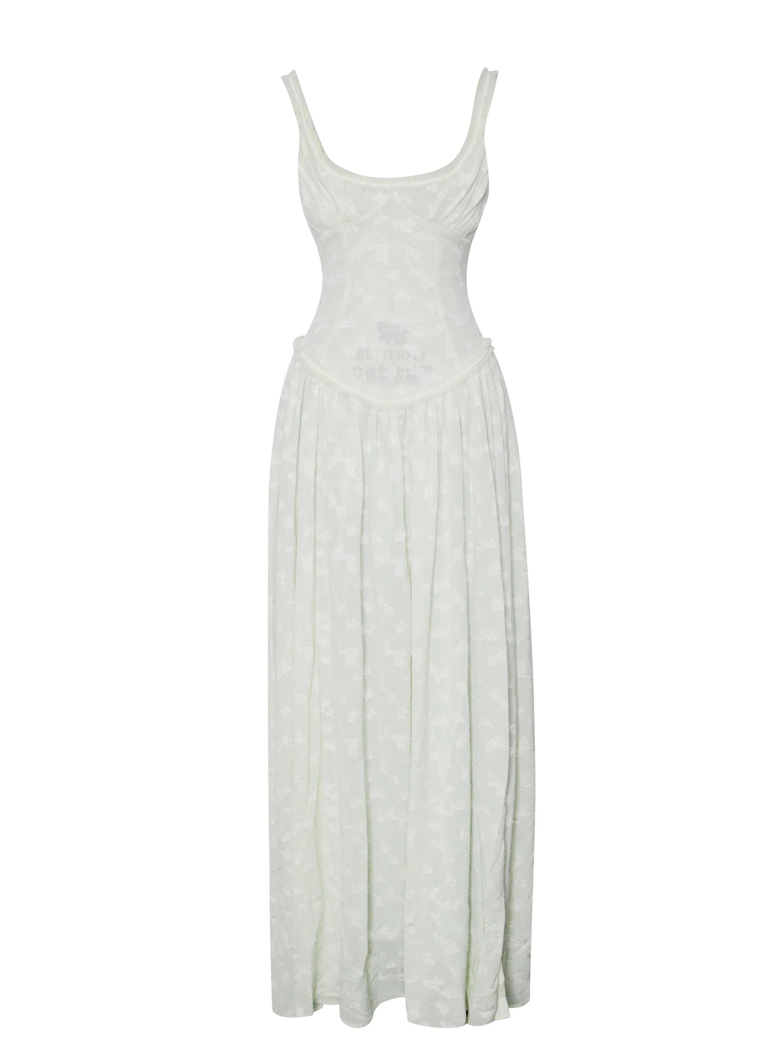 Ulissa Light Green Square Neck Trendy Jacquard Textured High Slit Maxi Dress - Image 12