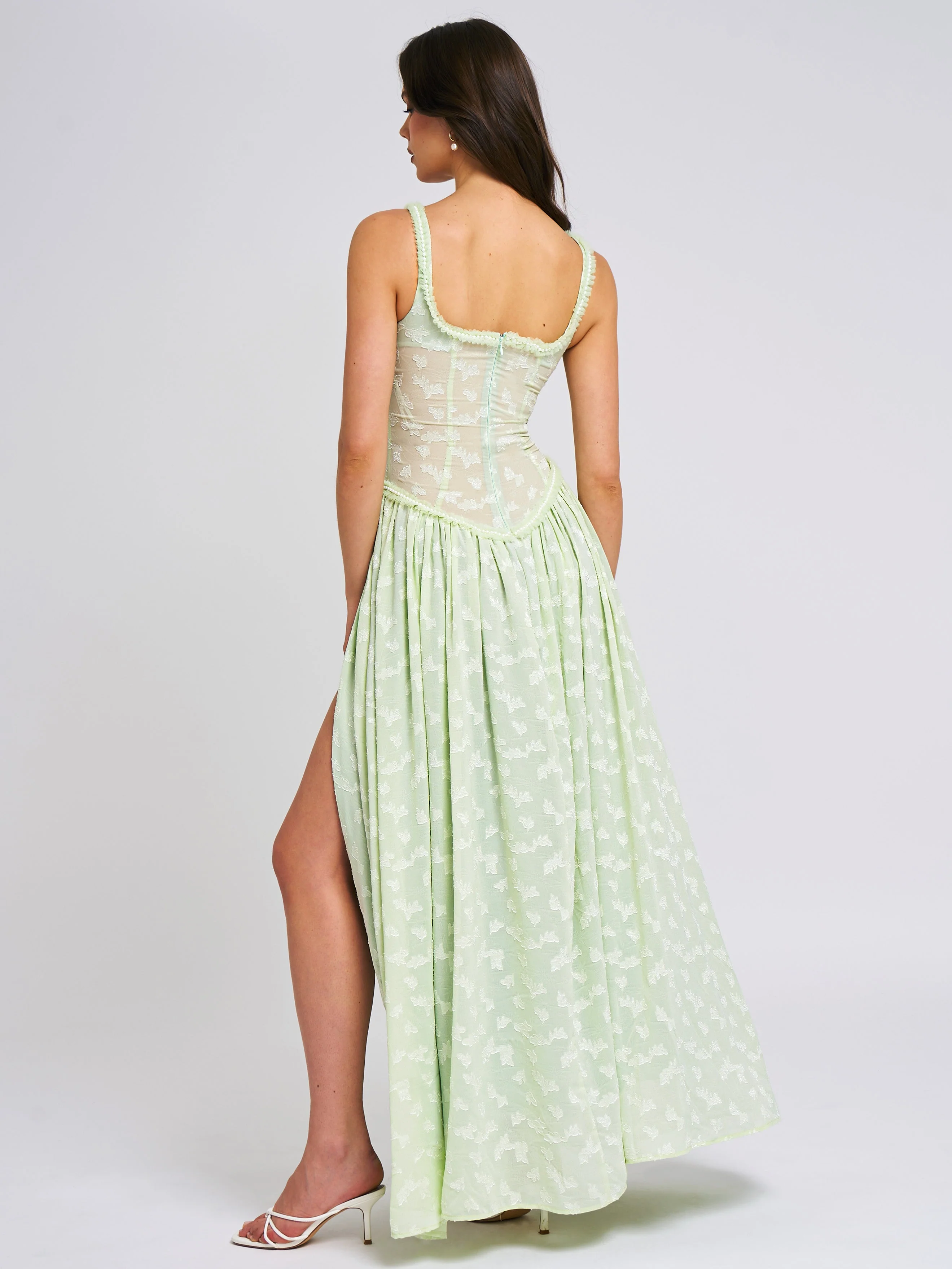 Ulissa Light Green Square Neck Trendy Jacquard Textured High Slit Maxi Dress - Image 22