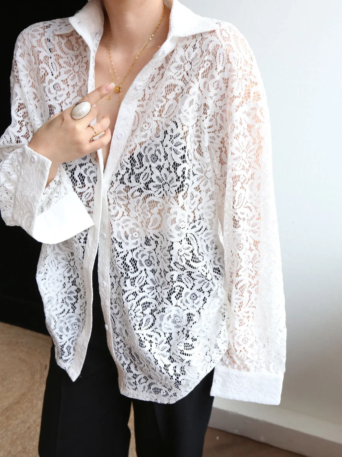 Lace Semi-sheer Graceful Collared Shirt - Image 6