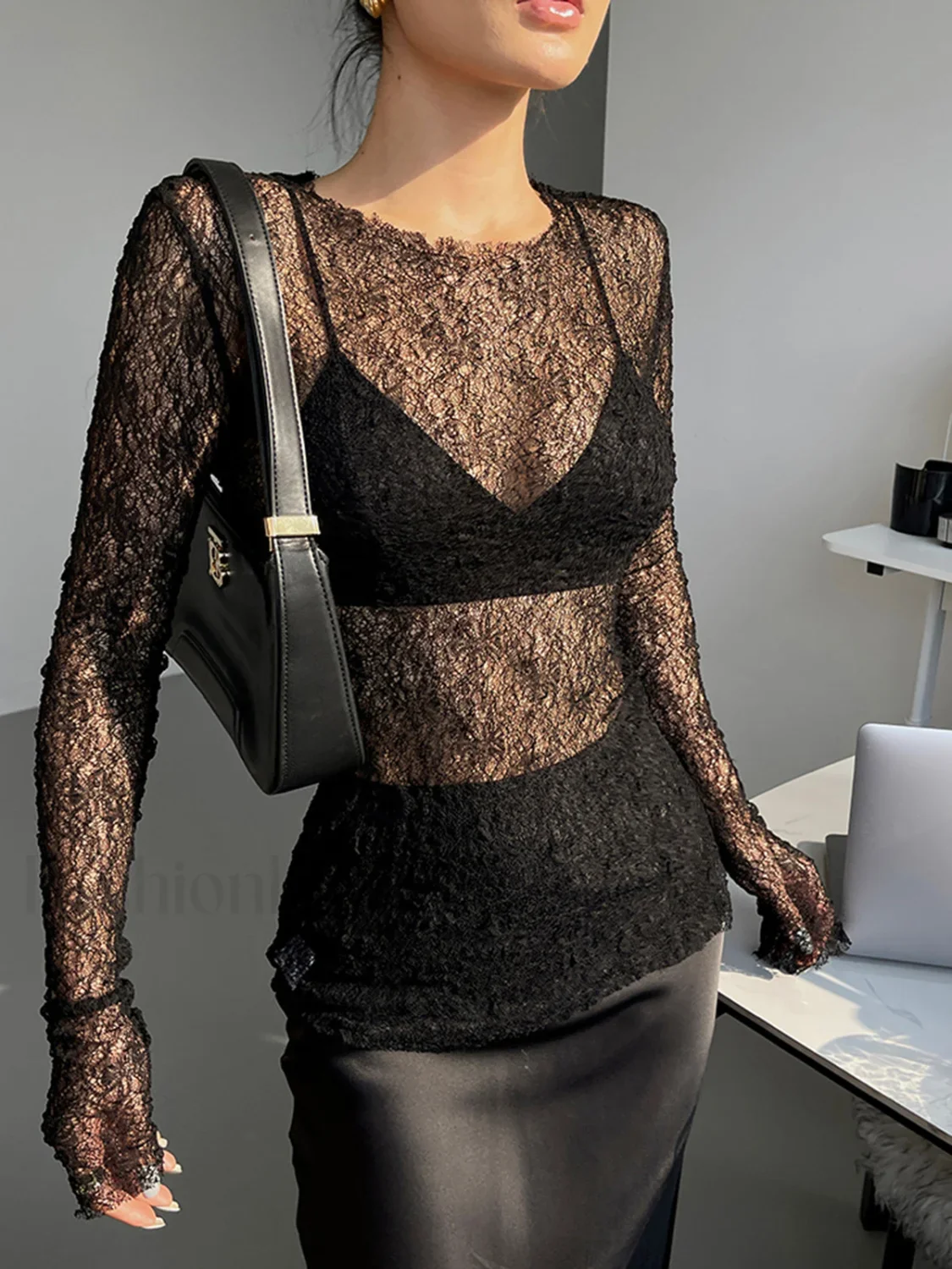 Lace Raw Hem Crew Modern Neck Long Sleeve Top - Image 11