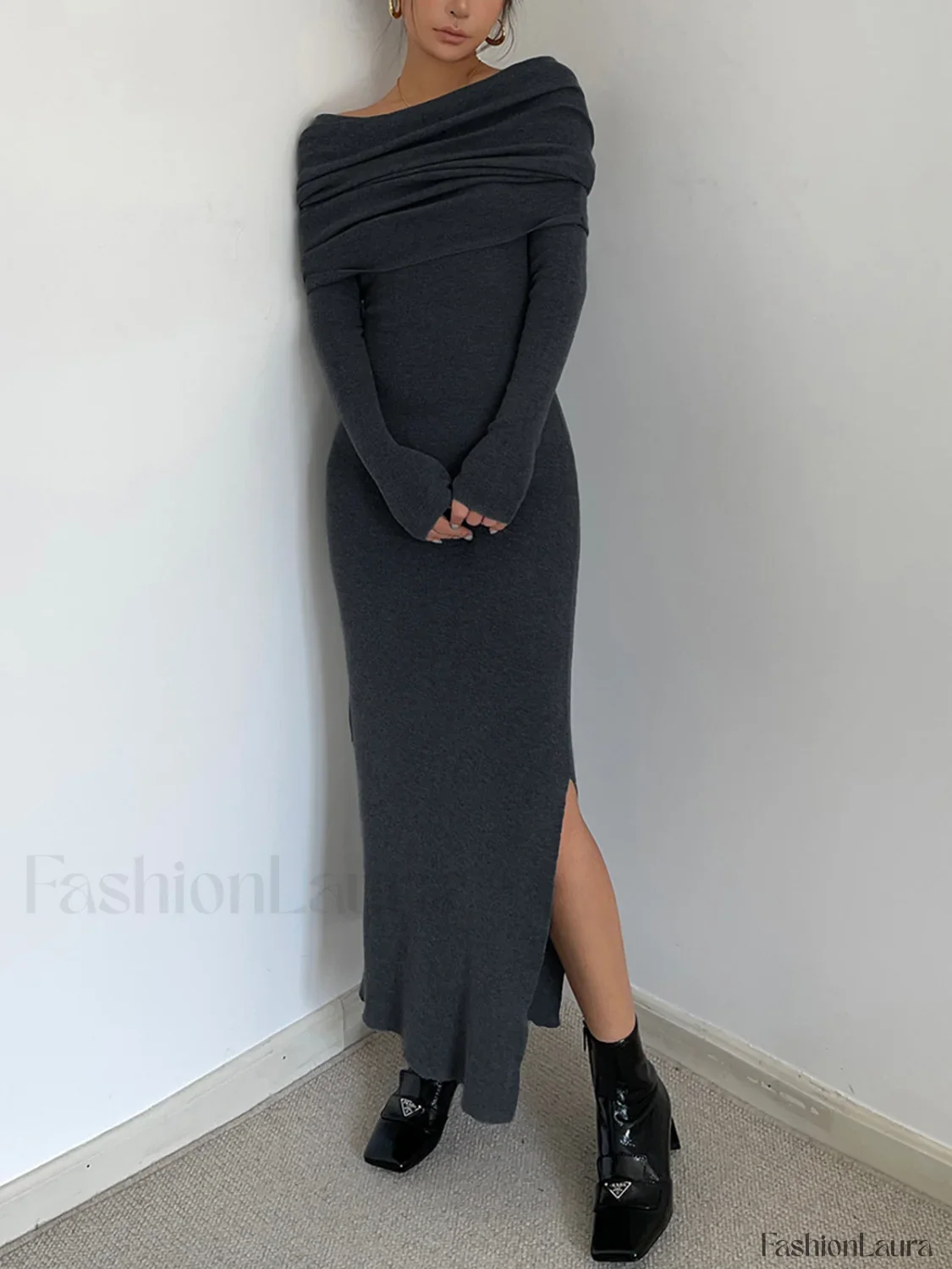 Knit Split Overfold Trendy Sweater Midi Dress - Image 13
