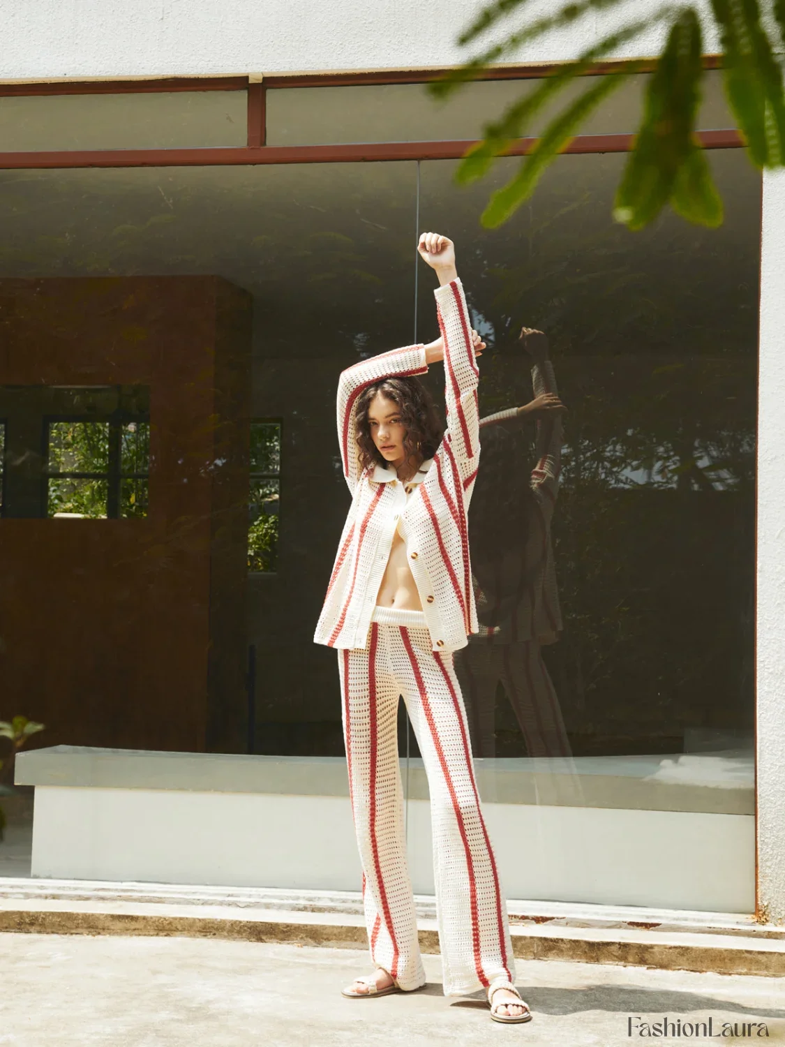 Puglia Stripe Crochet Long Modern Sleeve Two Piece Pants Set - Image 11