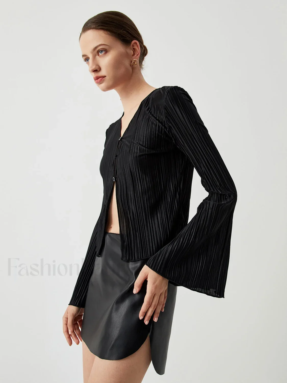 Pleated V-neck Ruffle Trendy Long Sleeve Blouse - Image 9