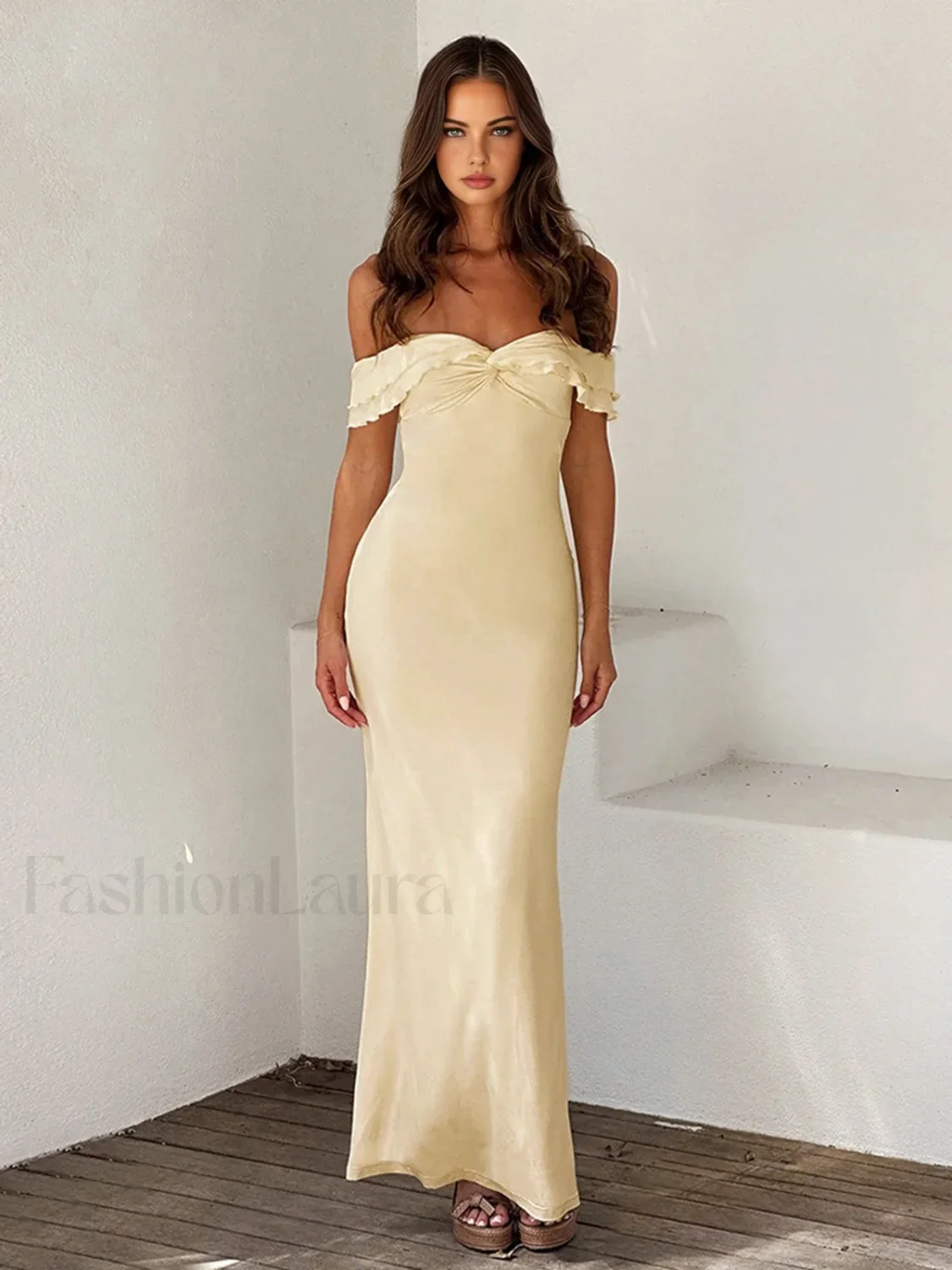 Off Shoulder Ruffle Trendy Satin Long Dress - Image 3