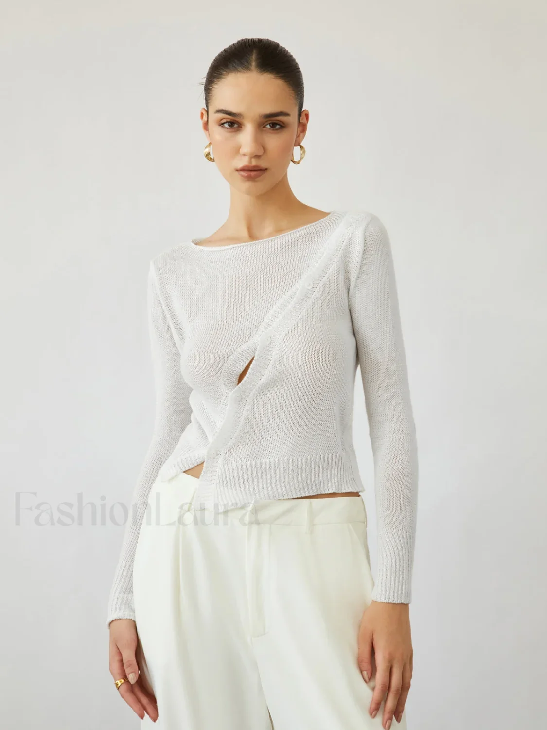 Oblique Buttoned Cover Trendy Up Knit Top - Image 3