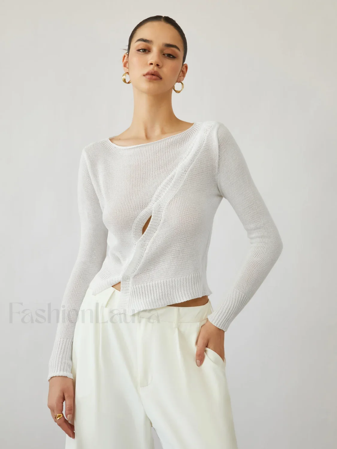 Oblique Buttoned Cover Trendy Up Knit Top - Image 7