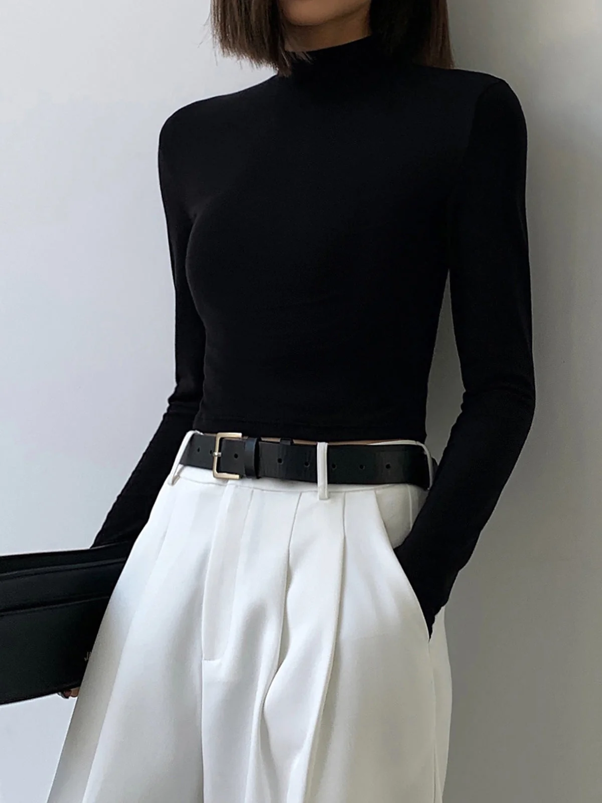 Solid Mock Neck Trendy Long Sleeve Crop Top - Image 11