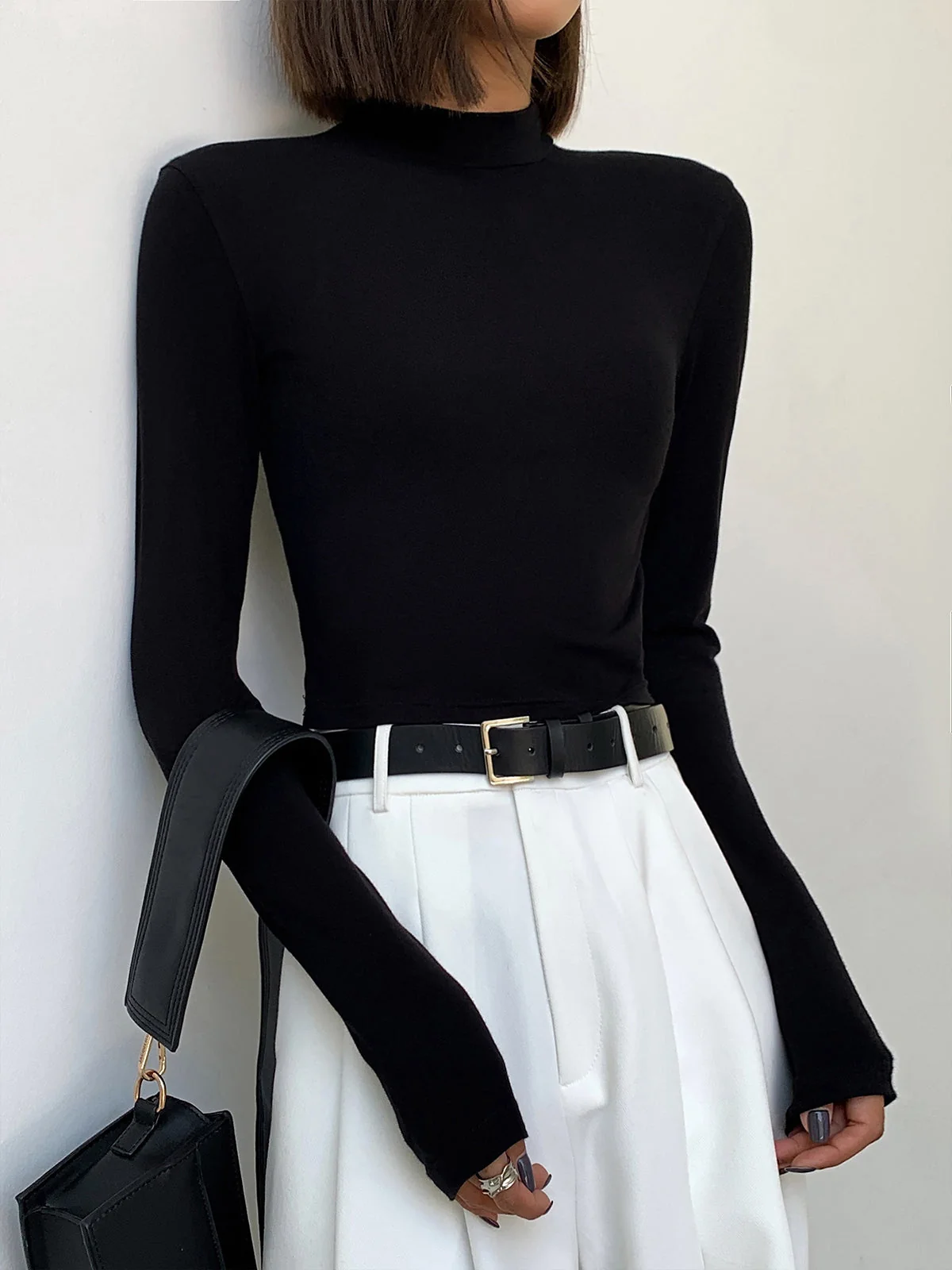 Solid Mock Neck Trendy Long Sleeve Crop Top - Image 12