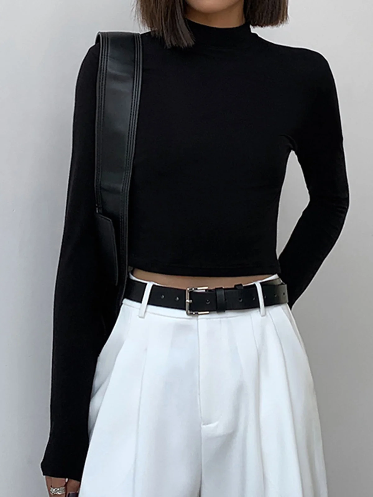 Solid Mock Neck Trendy Long Sleeve Crop Top - Image 6