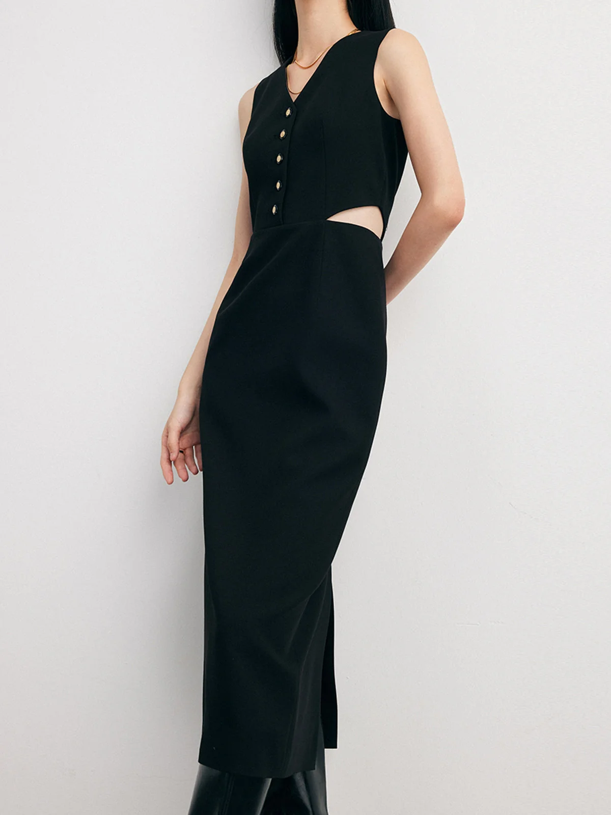 Solid Cut Out Trendy Buttoned Midi Vest Dress - Image 15