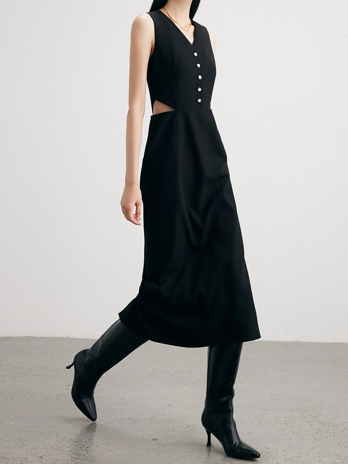 Solid Cut Out Trendy Buttoned Midi Vest Dress - Image 9