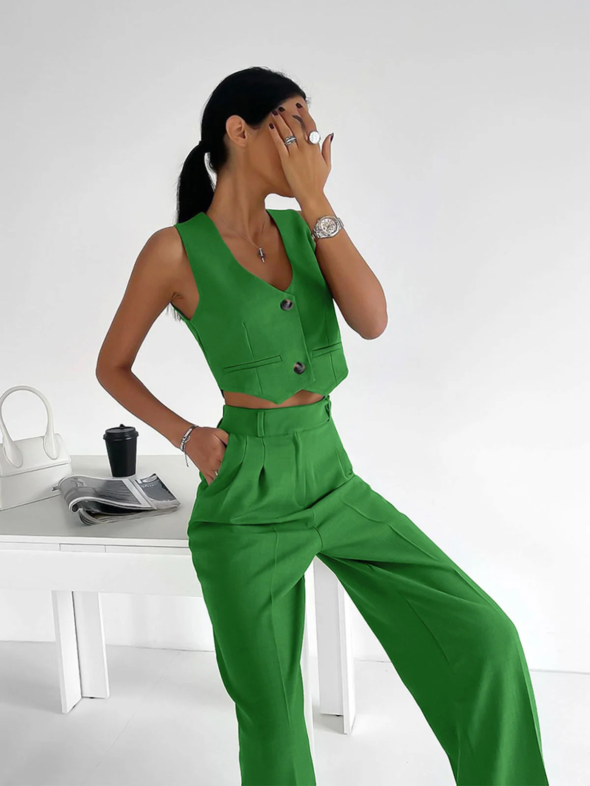 Solid Button Front Trendy Waistcoat With Pants Set - Image 3