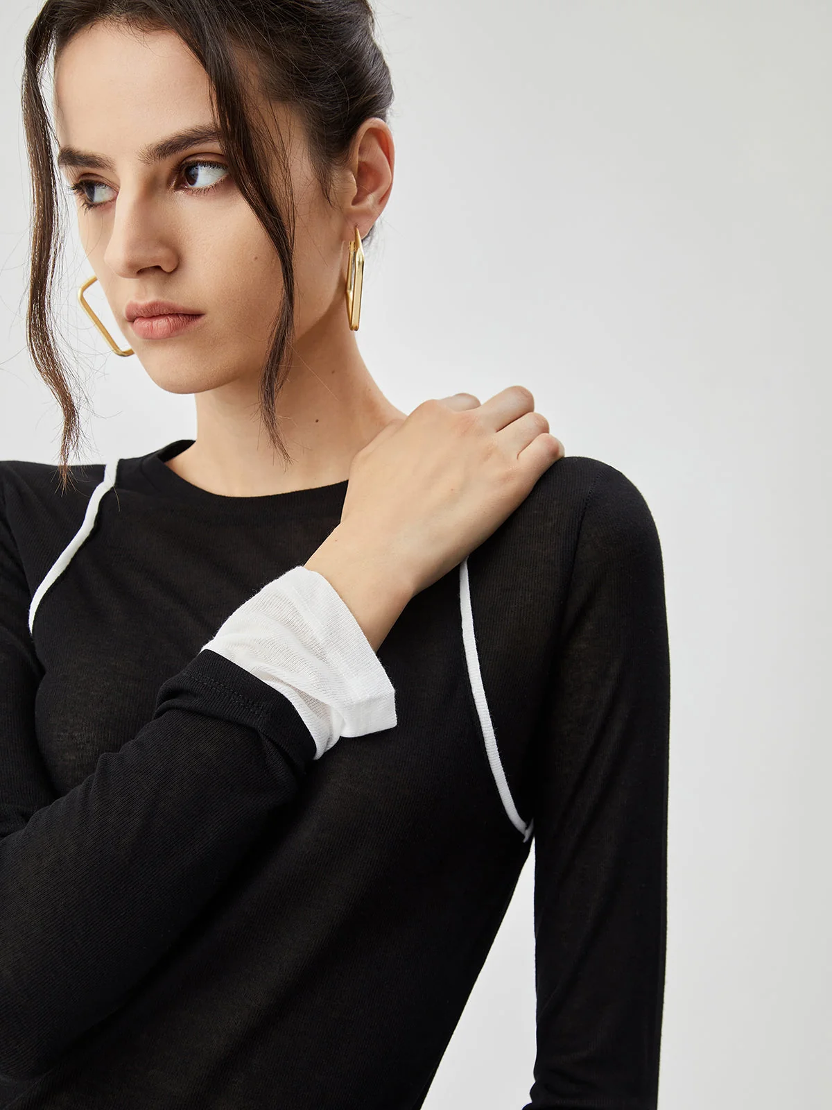 Semi-sheer Contrast Trim Patchwork Modern Long Sleeve Knit Top - Image 12