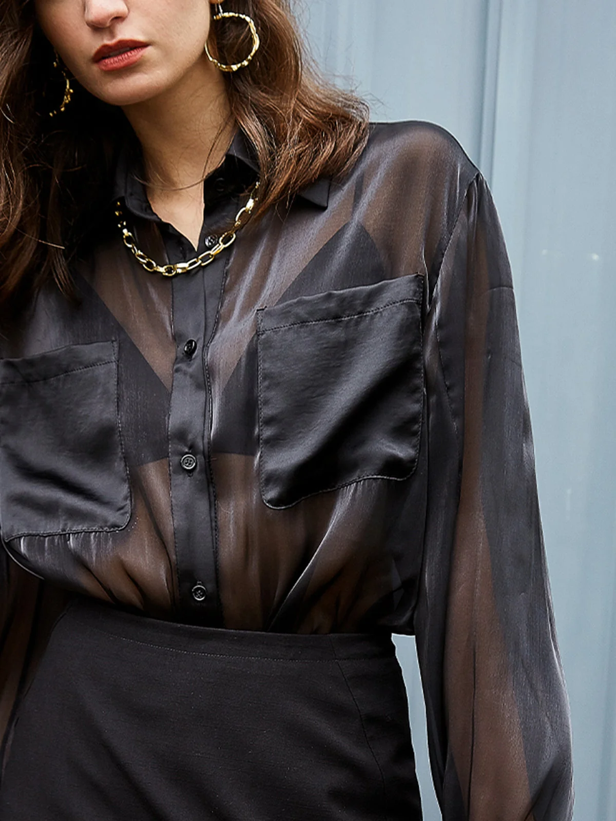 See Through Pocket Trendy Long Sleeve Collar Shirt - Image 2