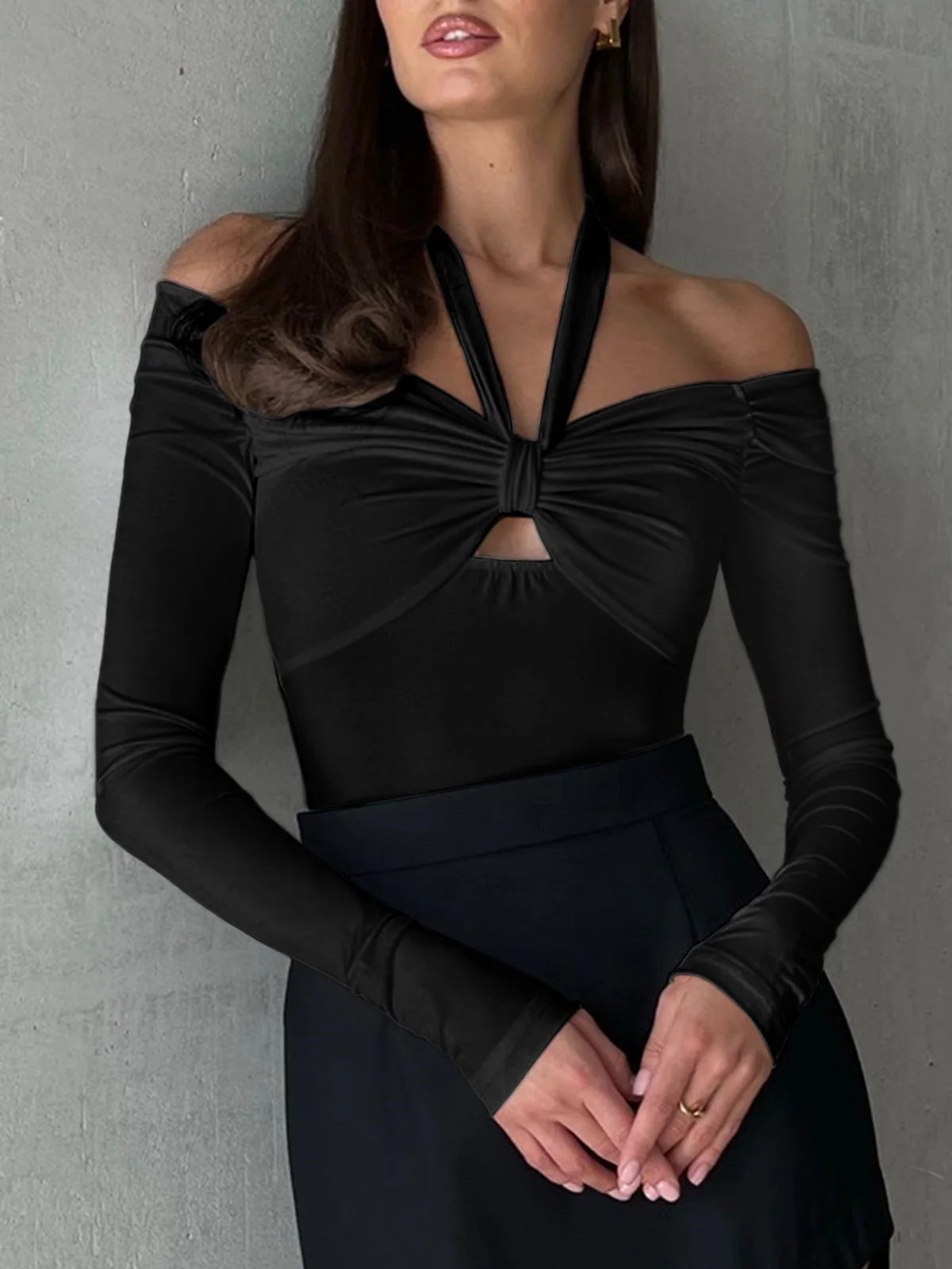 Cut Out Knotted Trendy Long Sleeve Halter Shirt