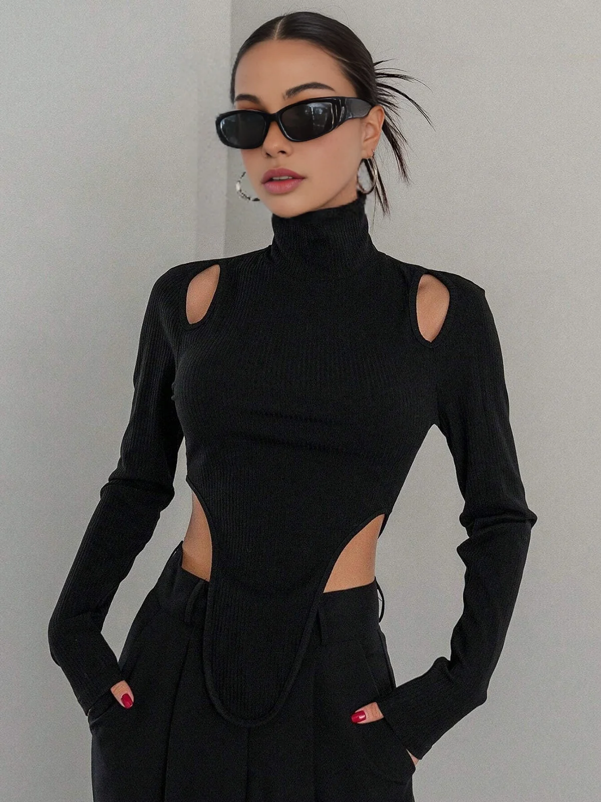 Cut Out High Trendy Neck Asymmetric Hem Top - Image 8