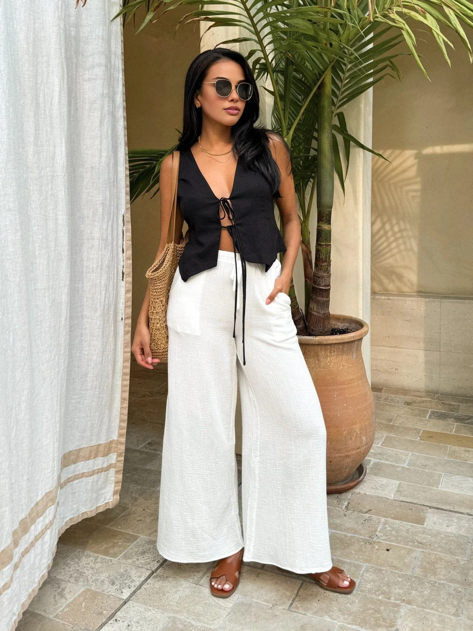 Cotton & Linen Trendy Tie-Detail Vest Top - Image 12