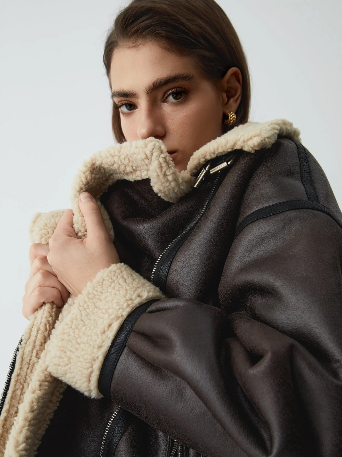 Classic Sherpa Lined Trendy Shearling Leather Flight Jacket - Image 10