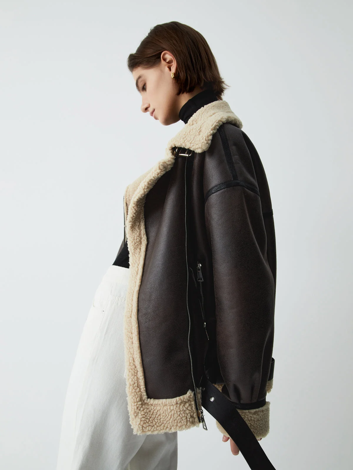 Classic Sherpa Lined Trendy Shearling Leather Flight Jacket - Image 15
