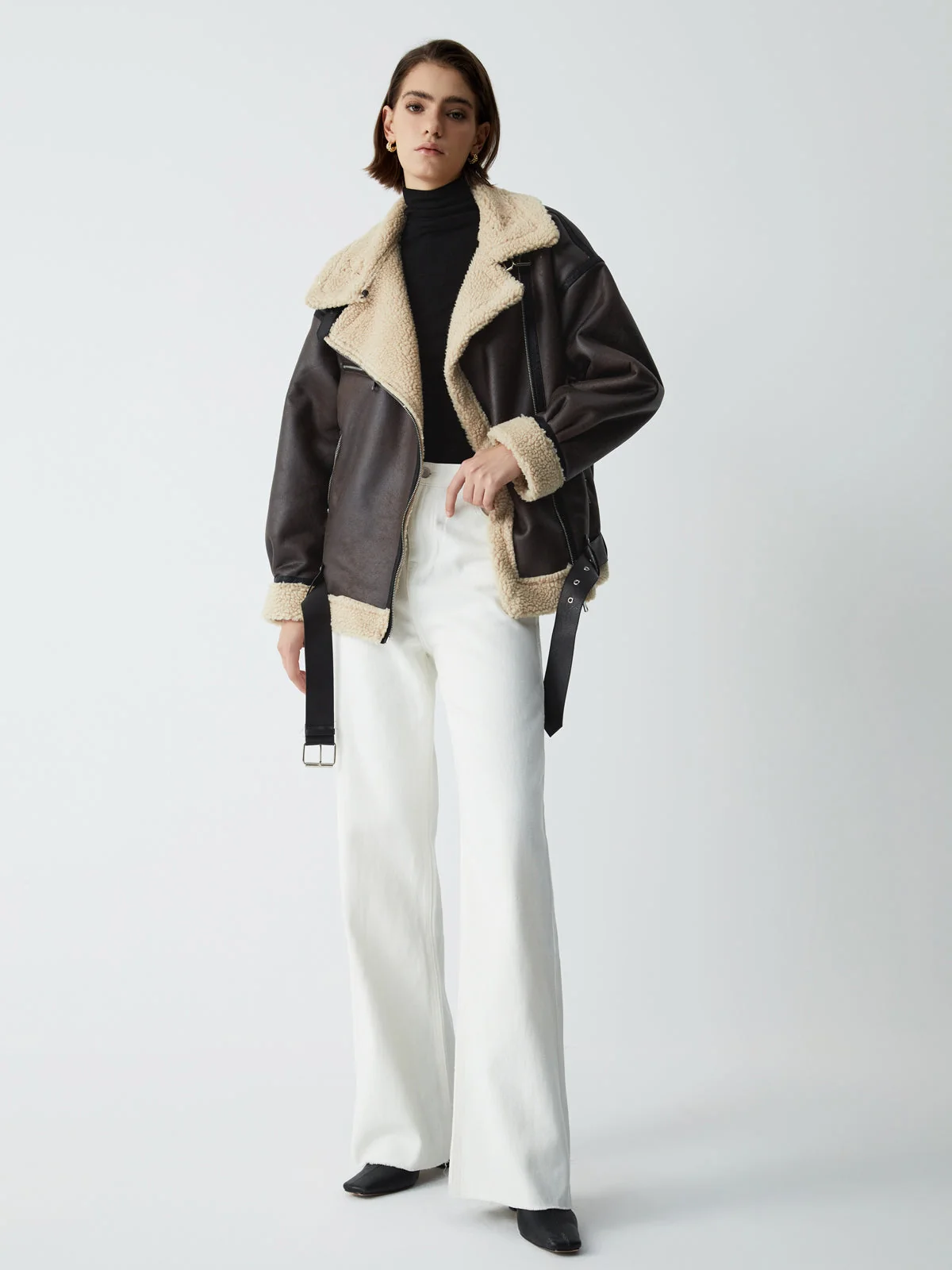 Classic Sherpa Lined Trendy Shearling Leather Flight Jacket - Image 2