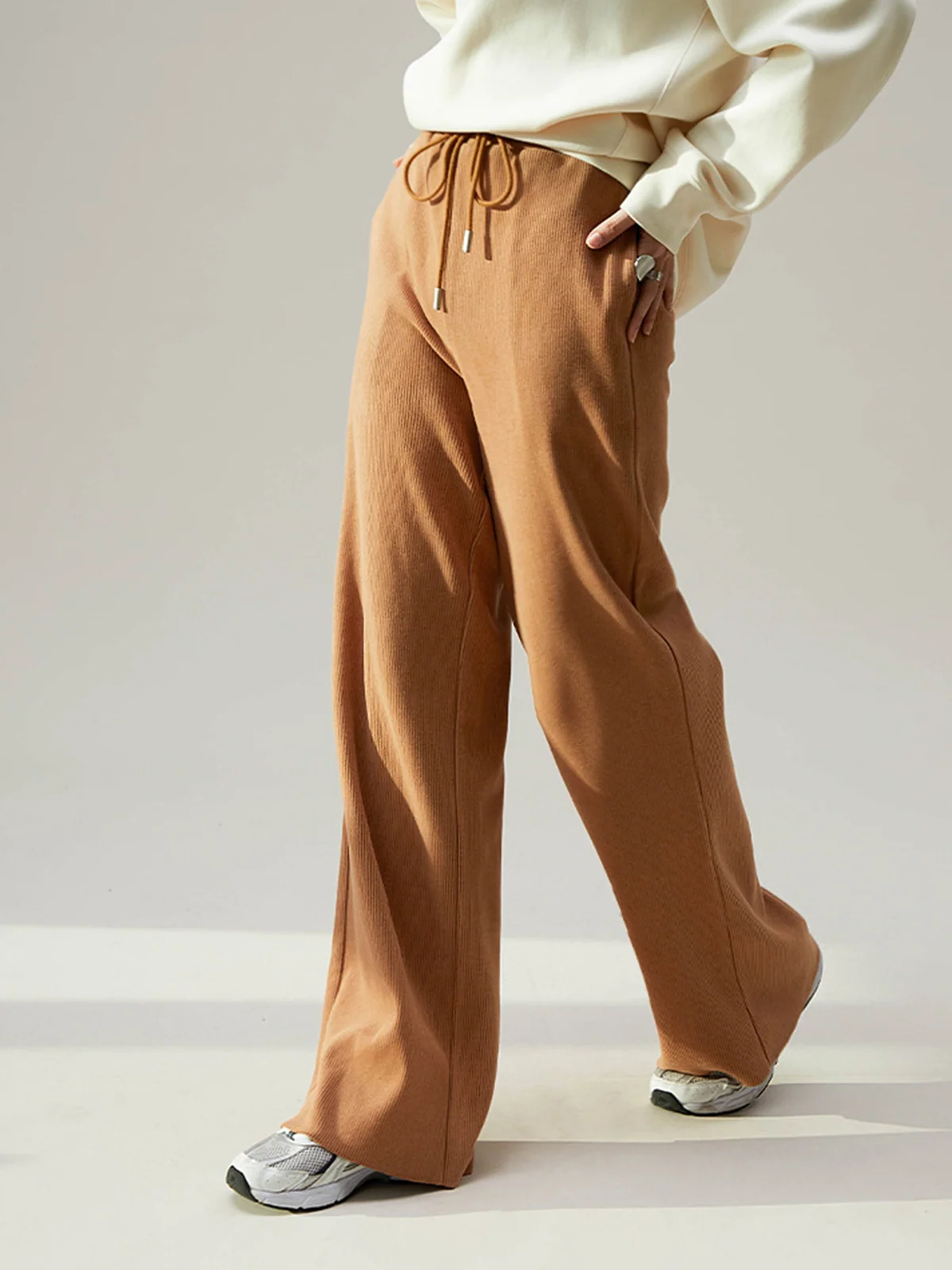 Camel Drawstring Ribbed Trendy Wide Leg Pants - Image 5