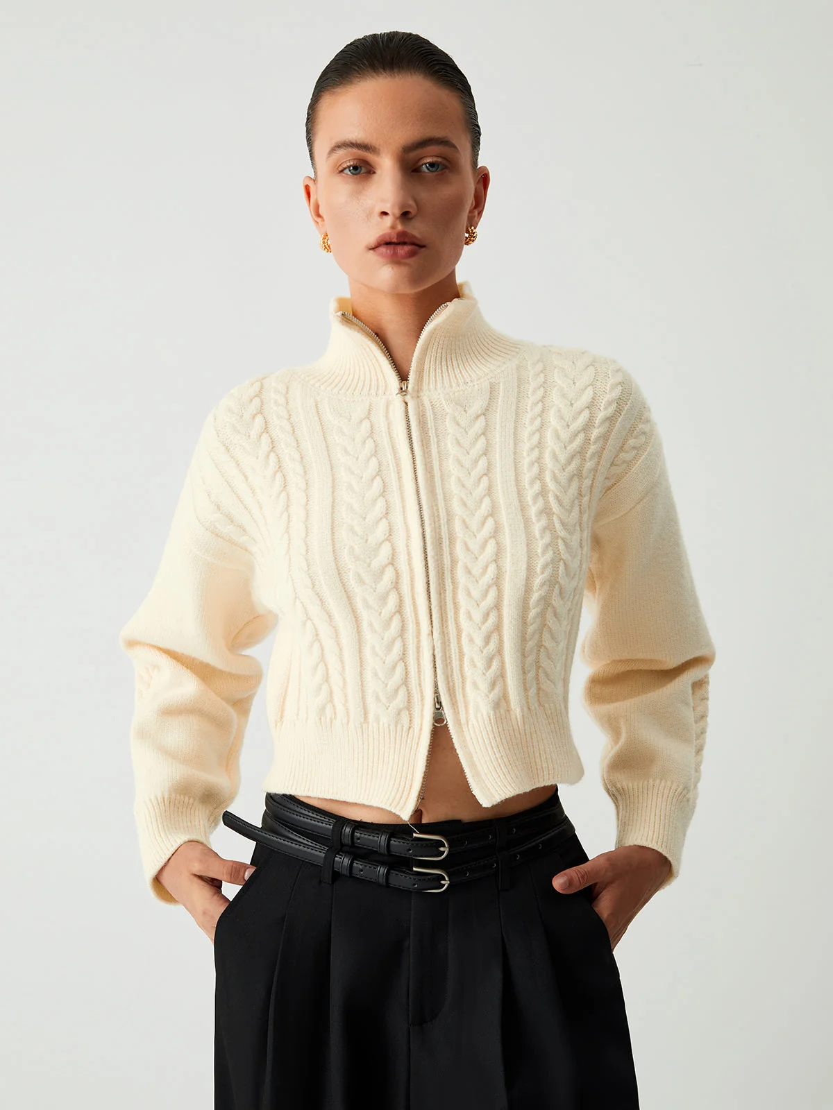 Cable Knit Two Trendy Way Zip Crop Cardigan - Image 15