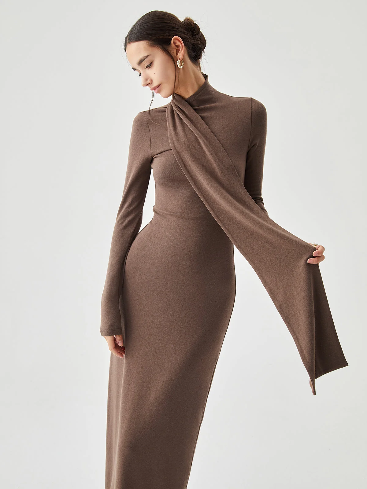 Bodycon High Neck Ribbed Knit Classic Long Dress with Matching Scarf - Image 10