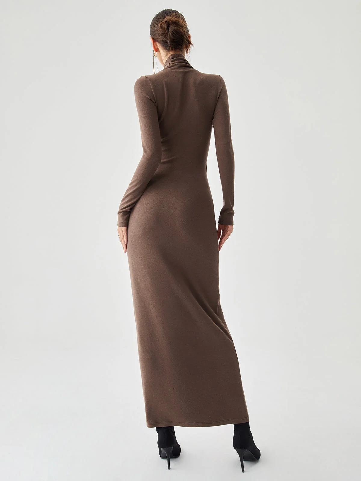 Bodycon High Neck Ribbed Knit Classic Long Dress with Matching Scarf - Image 12